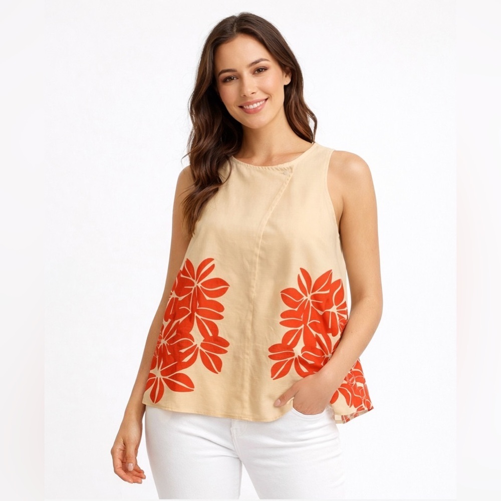 Esley Size M Floral Print Sleeveless Swing Top Beige & Coral Boho Summer Blouse